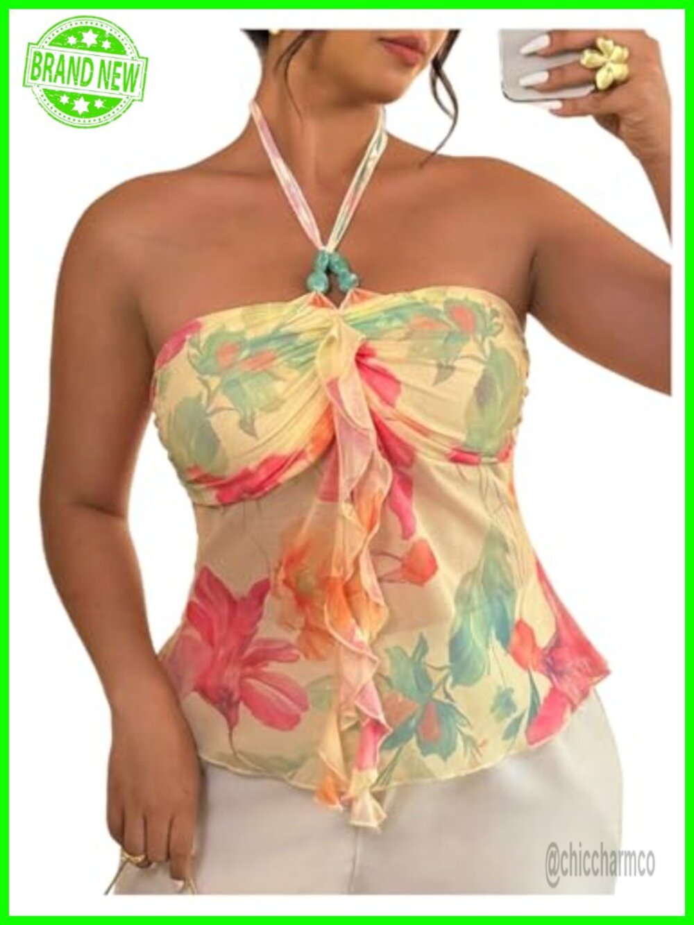 Plus Size Floral Halter Mesh Ruffle Tie Backless Cropped Cami Top